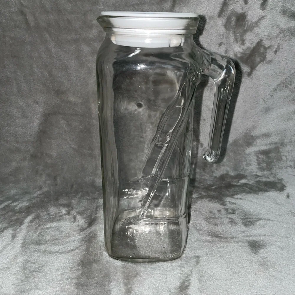 Vintage Frigorello Thick Glass Pitcher w/ White Lid Square Kitchen Décor